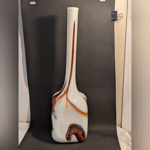 Vintage Opaline Swirl Art Glass Vase Marbled Brown Orange Blue  White  MCM